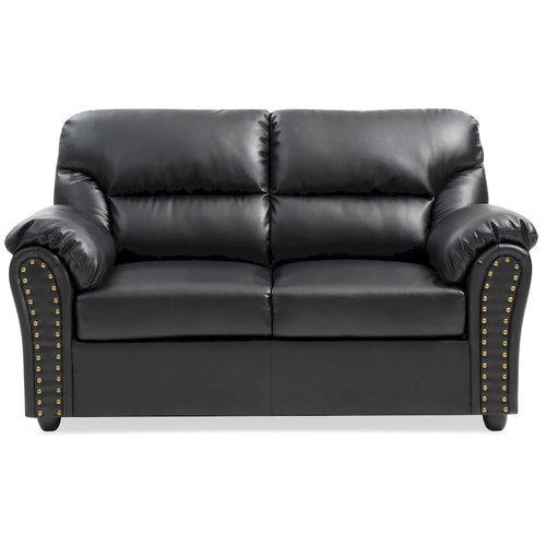 Schwarzes Sofa aus Kunstleder mit gepolsterten Armlehnen und Nagelkopfbesatz