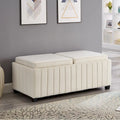 Panca contenitore imbottita beige con dettagli a canali verticali e parte superiore imbottita
