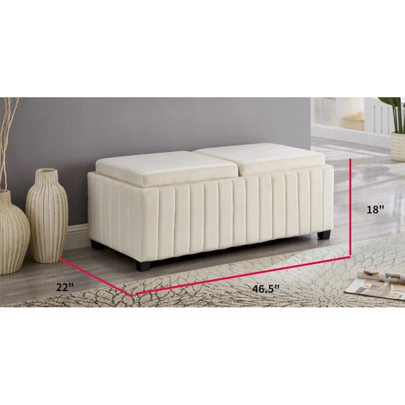 Panca contenitore imbottita beige con dettagli a canali verticali e parte superiore imbottita