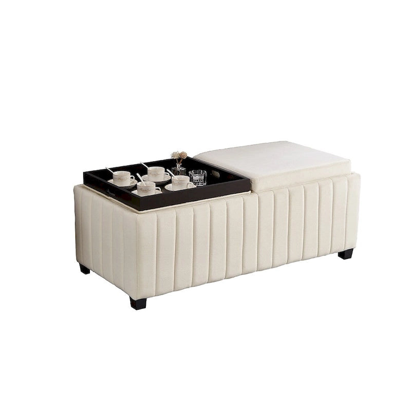 Panca contenitore imbottita beige con dettagli a canali verticali e parte superiore imbottita