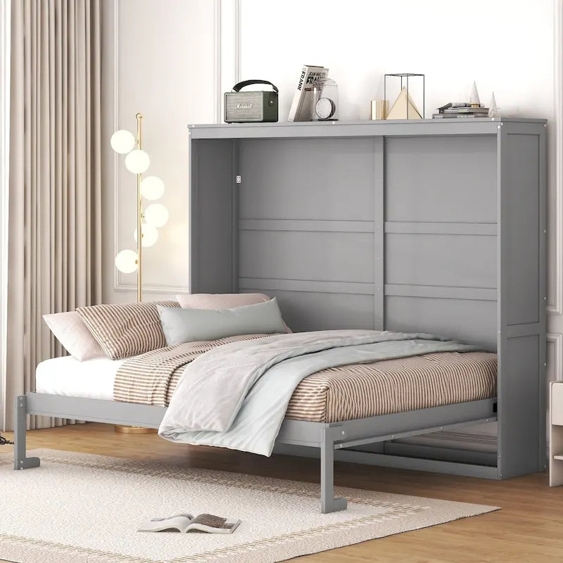 Space-Saving Wood Murphy Bed with Panelled Cabinet and Folding Support